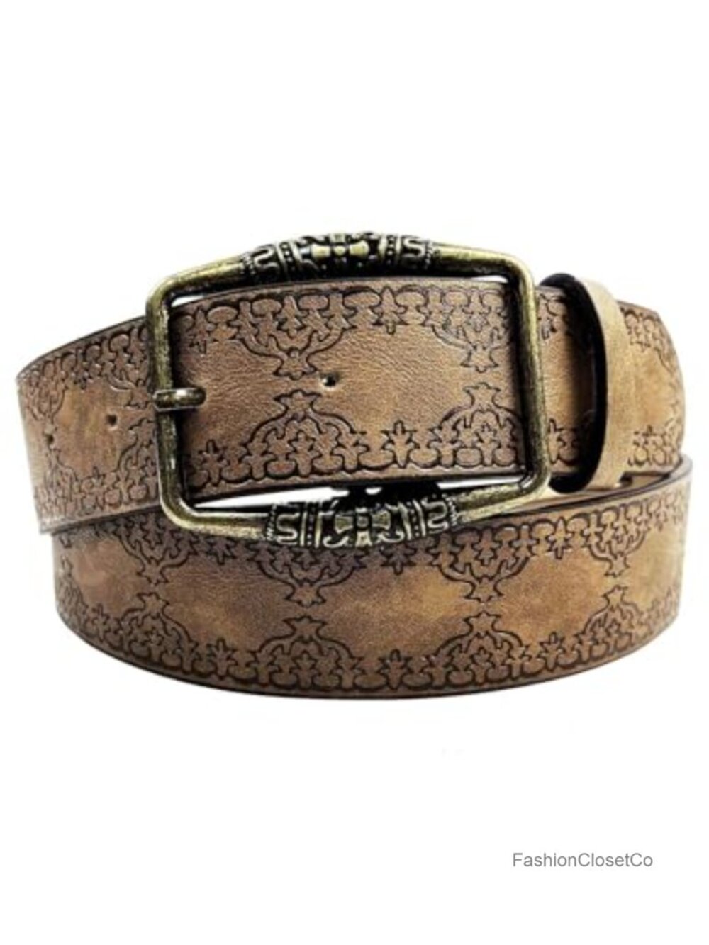Western Faux Leather Belt Floral Embossed Buckle Jeans